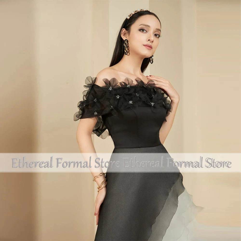 A Line Black Evening Dress Beading Off The Shoulder With Flowers Women's Evening Gown For Wedding  Sleeveless  Formal Dresses
