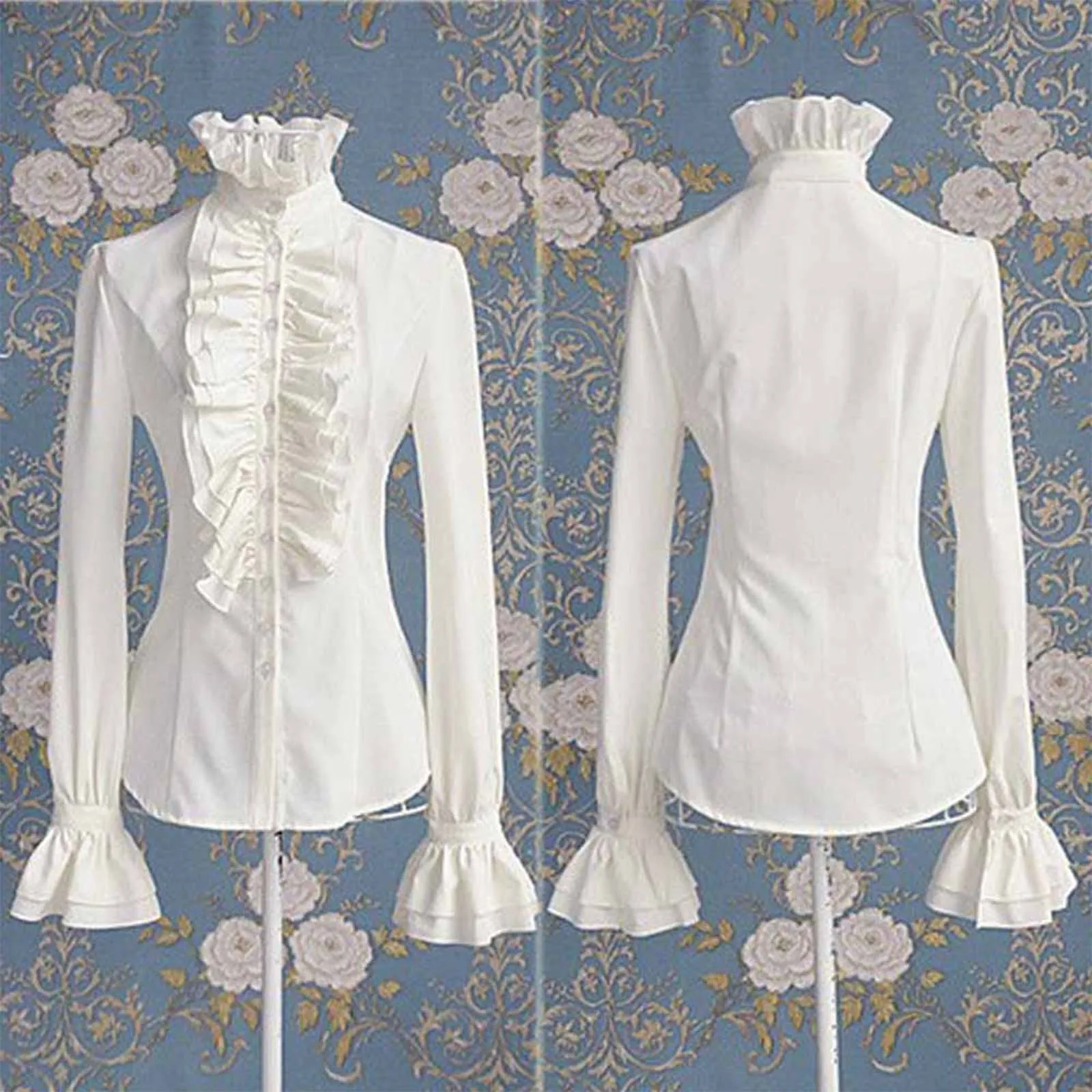 Fashion Victorian Blouses Women Office Ladies White Shirt High Neck Frill Ruffle Cuffs Shirts Female Vintage Blouse Cosplay