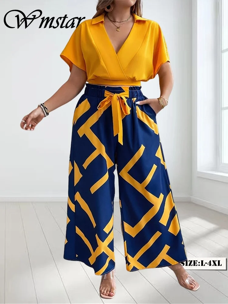 

Wmstar Plus Size Two Piece Set Women Solid Top and Print Pants Sets Wide Leg Summer Clothes Matching Suit Wholesale Dropshipping