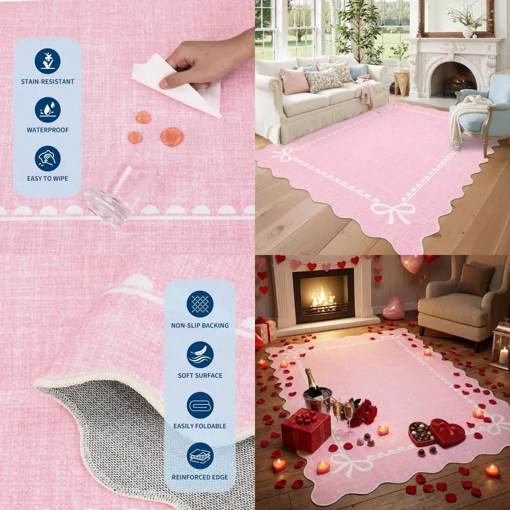 

Ковер с волнистым краем и бантом для гостиной, однотонный розовый ковер для общежития, моющиеся ковры 5x7 с мягким низким ворсом, нескользящие ковры с волнистым краем для детской комнаты