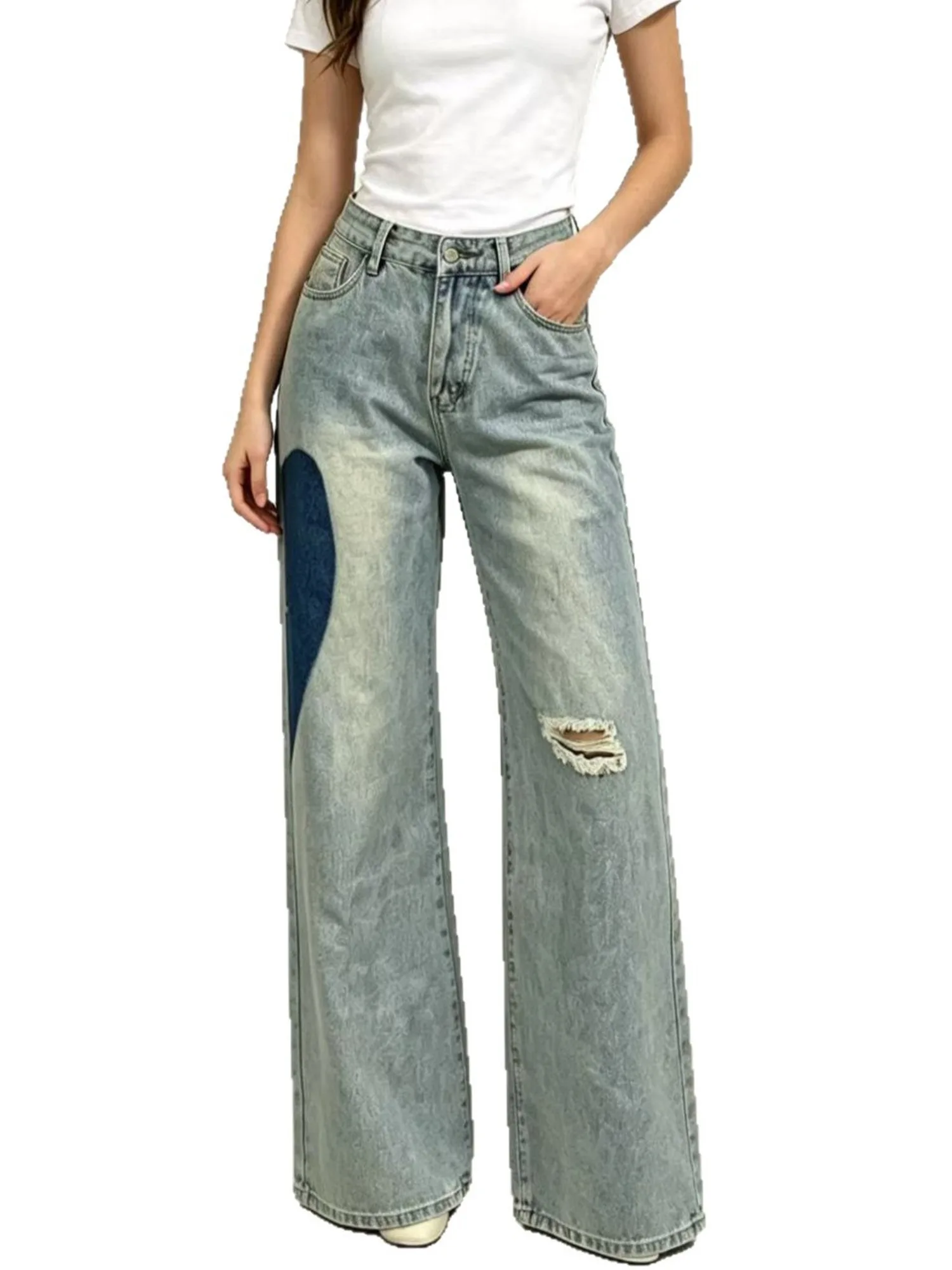 

Women's Vintage Washed High Waist Wide Leg Jeans Heart Patch Distressed Denim Pants Flap Pocket