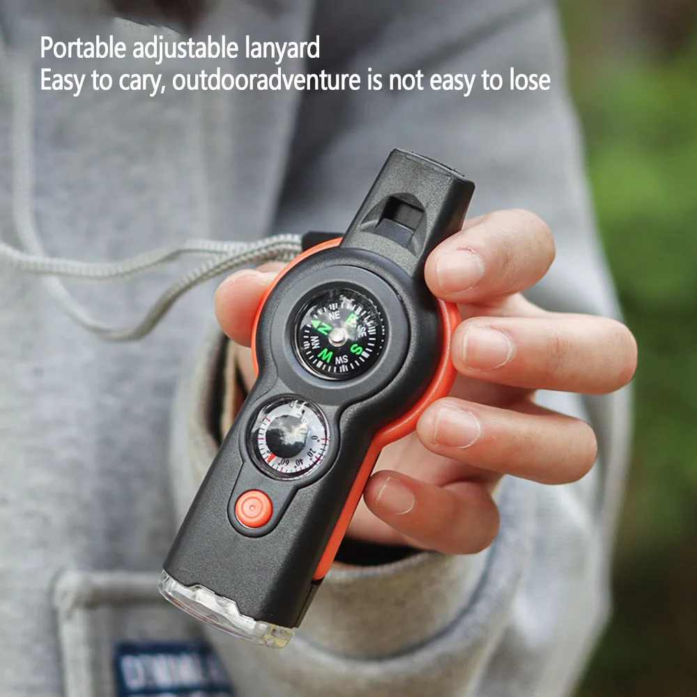 Whistle Outdoor Survival Emergency Tools 7 in 1 Multifunctional LED Light Camping Hiking Whistle Compass Thermometer Magnifier