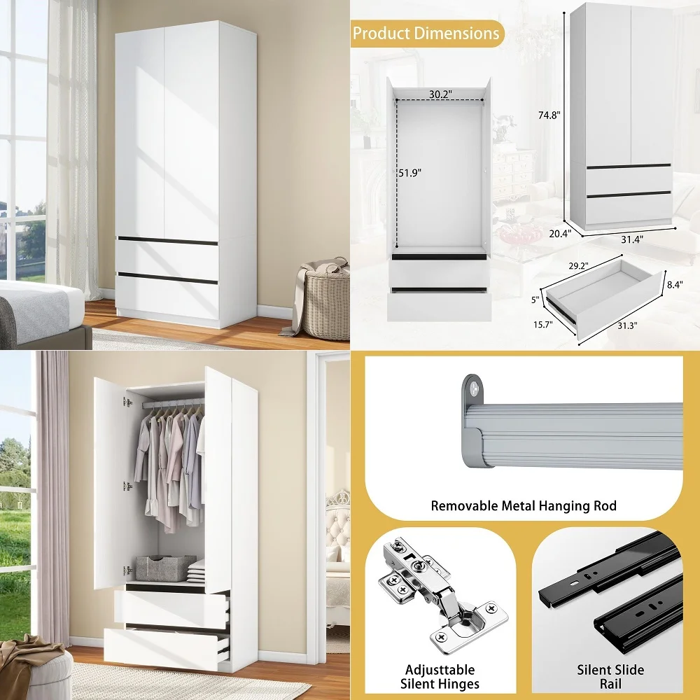 

Wardrobe Closet with Doors 75 Large Capacity Bedroom Armoire, Wooden Cabinet with 2 Drawers, Hanging Storage Shelves with Hangi