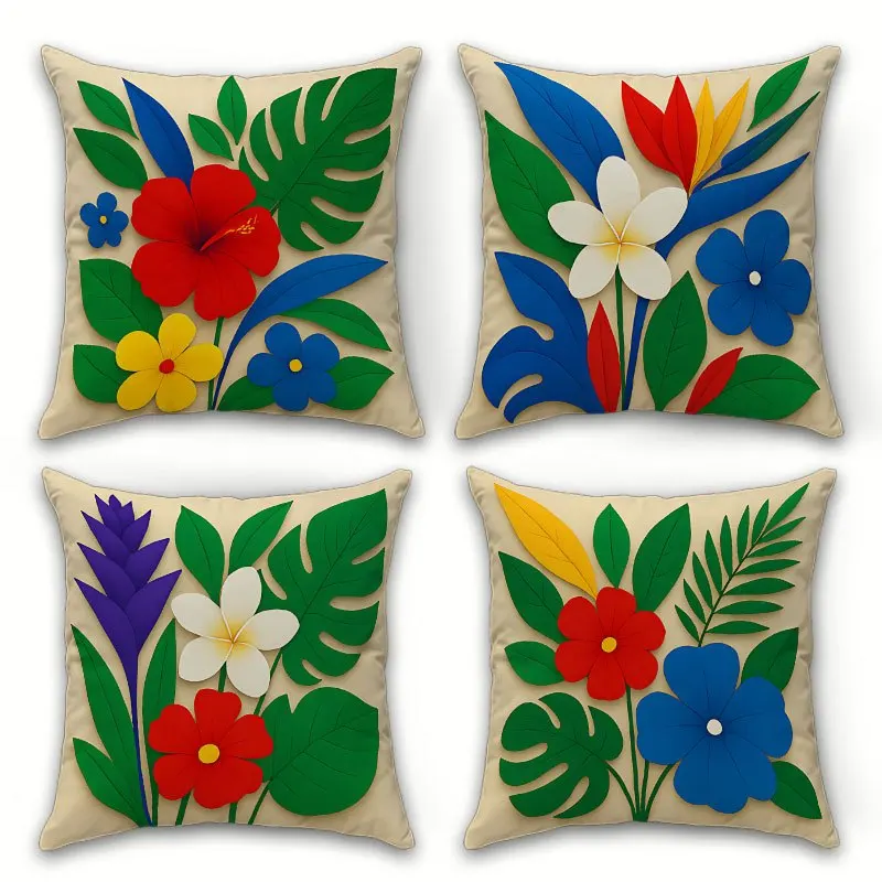 Tropical Flower Pillow Covers Hibiscus Plumeria Monstera Decorative Throw Pillow Cases Exotic Home Decor for Sofa Bed, No Insert