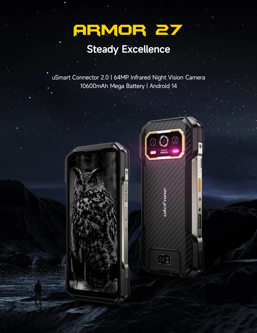 Ulefone Armor 27 4G Rugged Smartphone 64MP Night Vision+50MP+50MP 10600mAh 24GB+256GB Android 15 6.78" 120Hz NFC Global Version