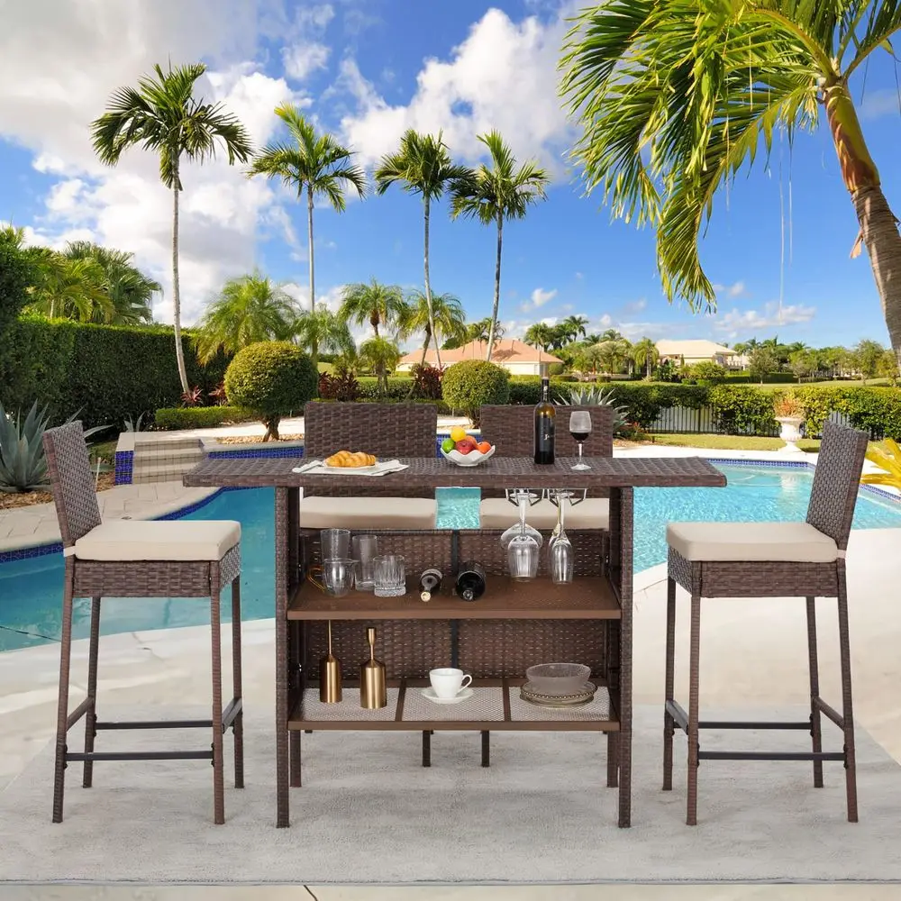 

5PCS Patio Bar Set with Wicker Bar Chairs amp Outdoor Bar Table2 Steel Shelves amp Wine Rack, Rattan Bar Height Patio Set with