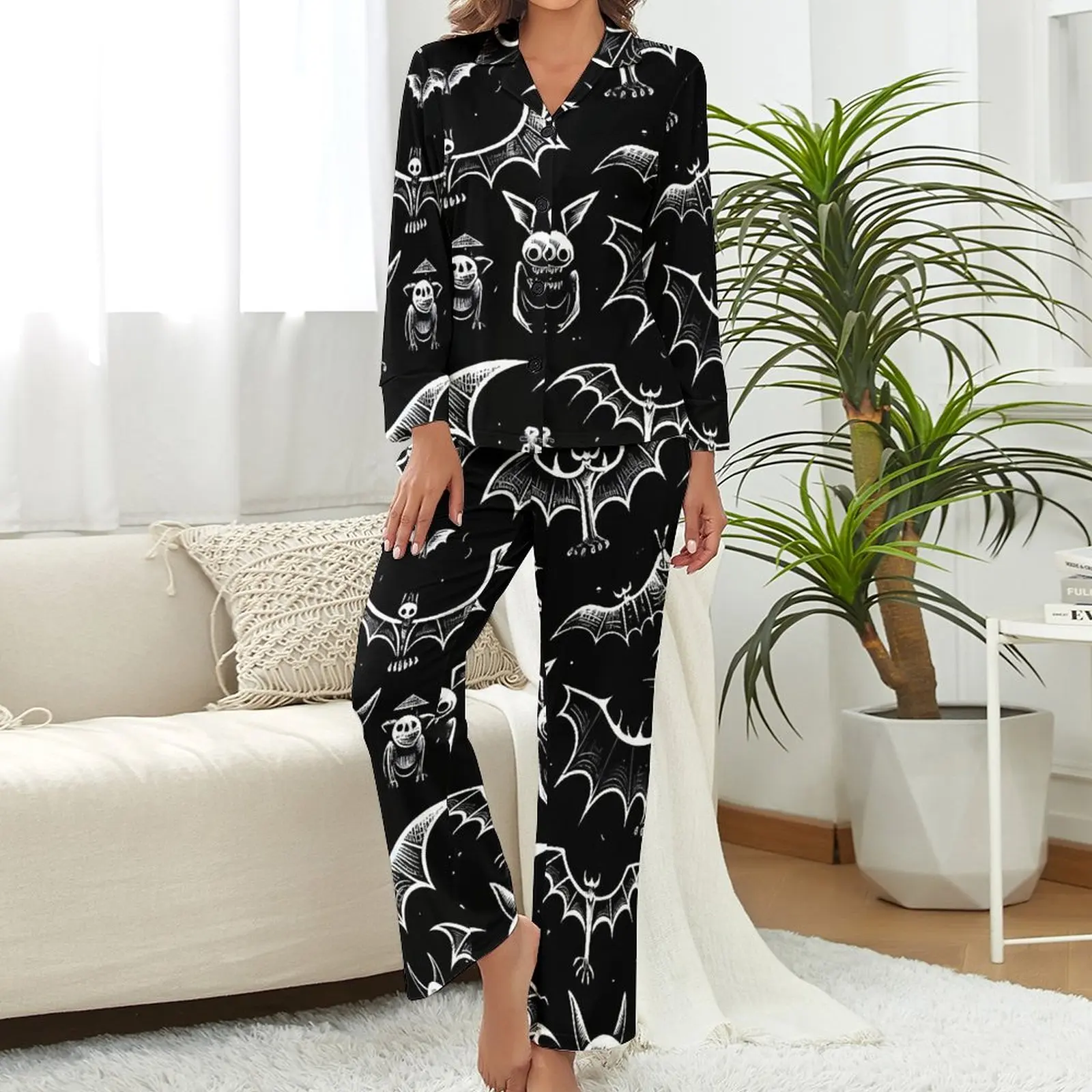 Bat Sketches Pajamas Halloween Print Leisure V Neck Sleepwear Women 2 Pieces Design Long Sleeve Kawaii Pajama Sets