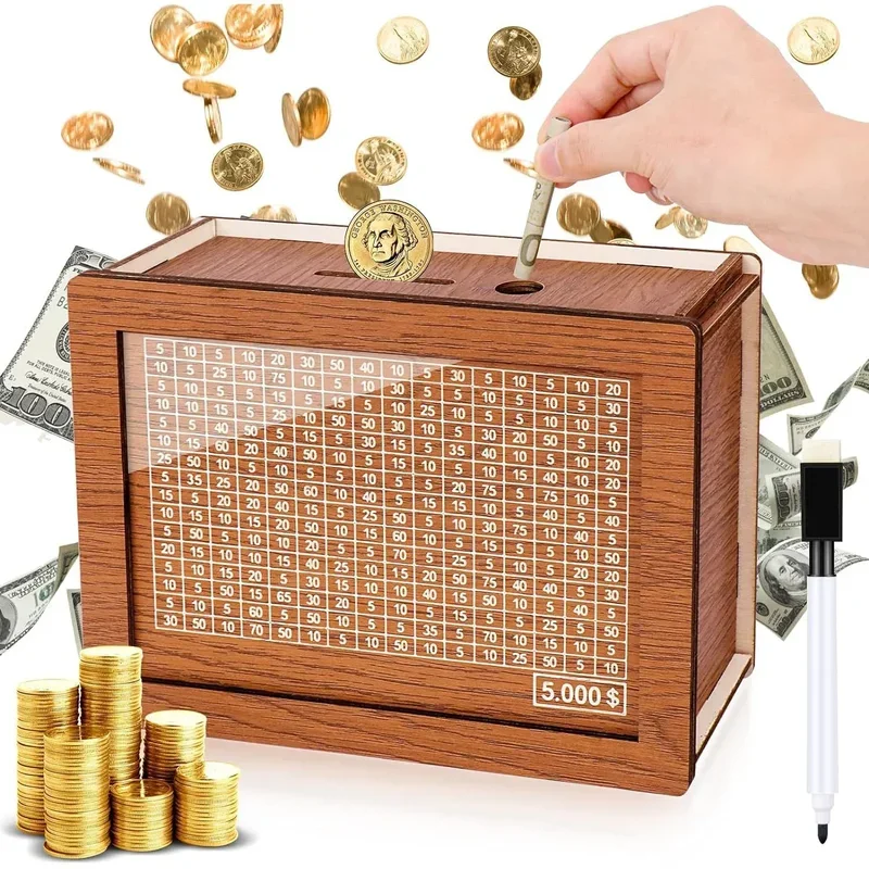 Saving Money Box Dollar Piggy Bank Decorative  Box Retro Reusable Wooden 10000  Challenge Jar Coin Cash