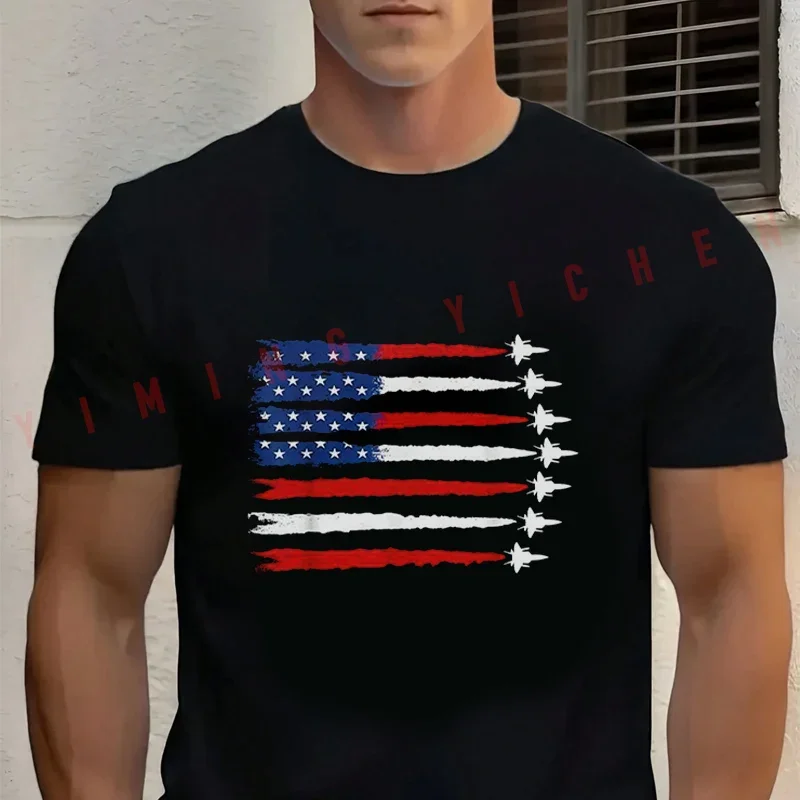 

Men's Summer Cotton T-shirt Patriotic Red White Blue USA Flag Fighter Jets 4th Of July Moto Tee Casual Short-sleeve Cycling Top