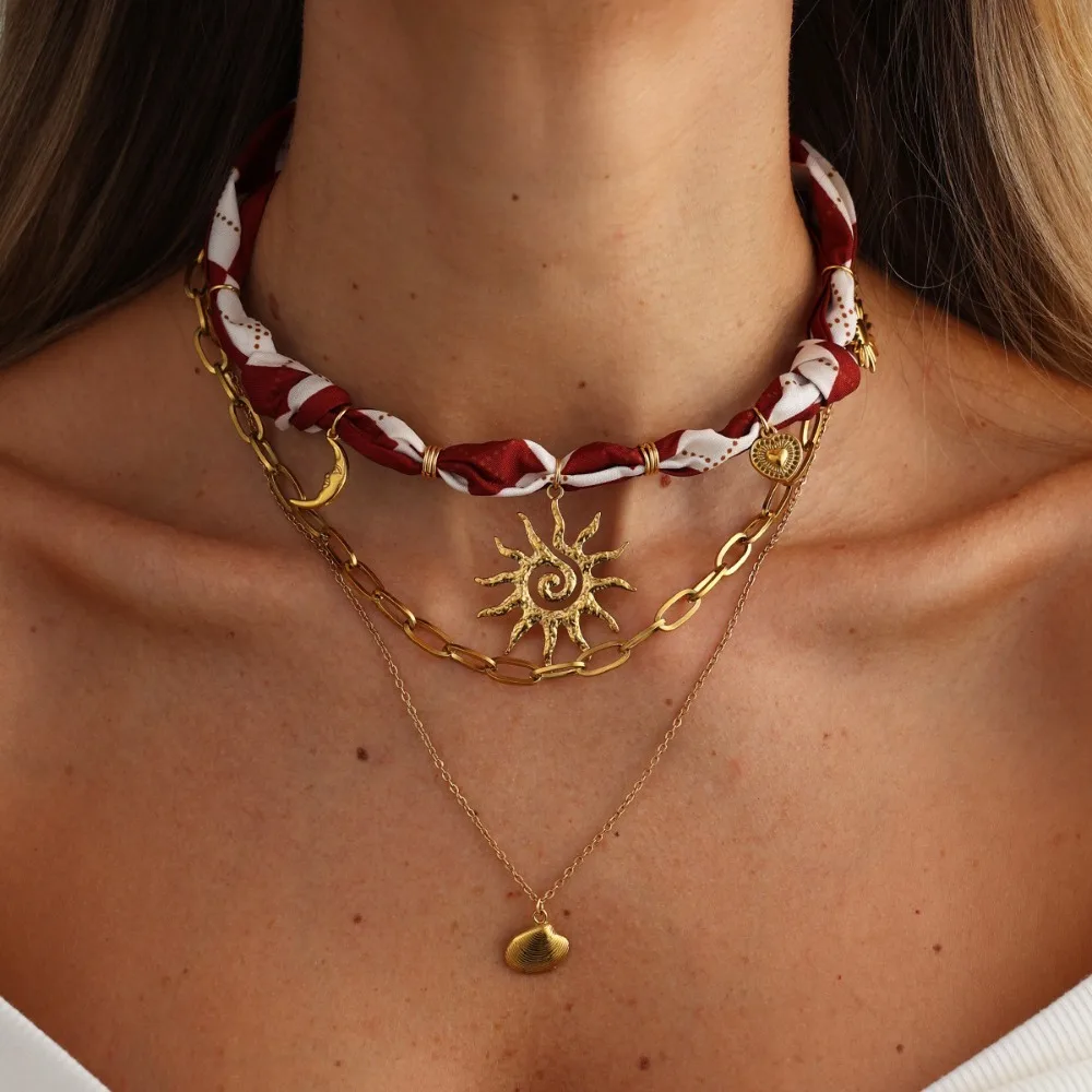 Boho 3 Layer Blue Printed Scarf Gold Tone Stainless Steel Starfish Conch Pendant Stackable Necklaces Set for Women Beach Jewelry