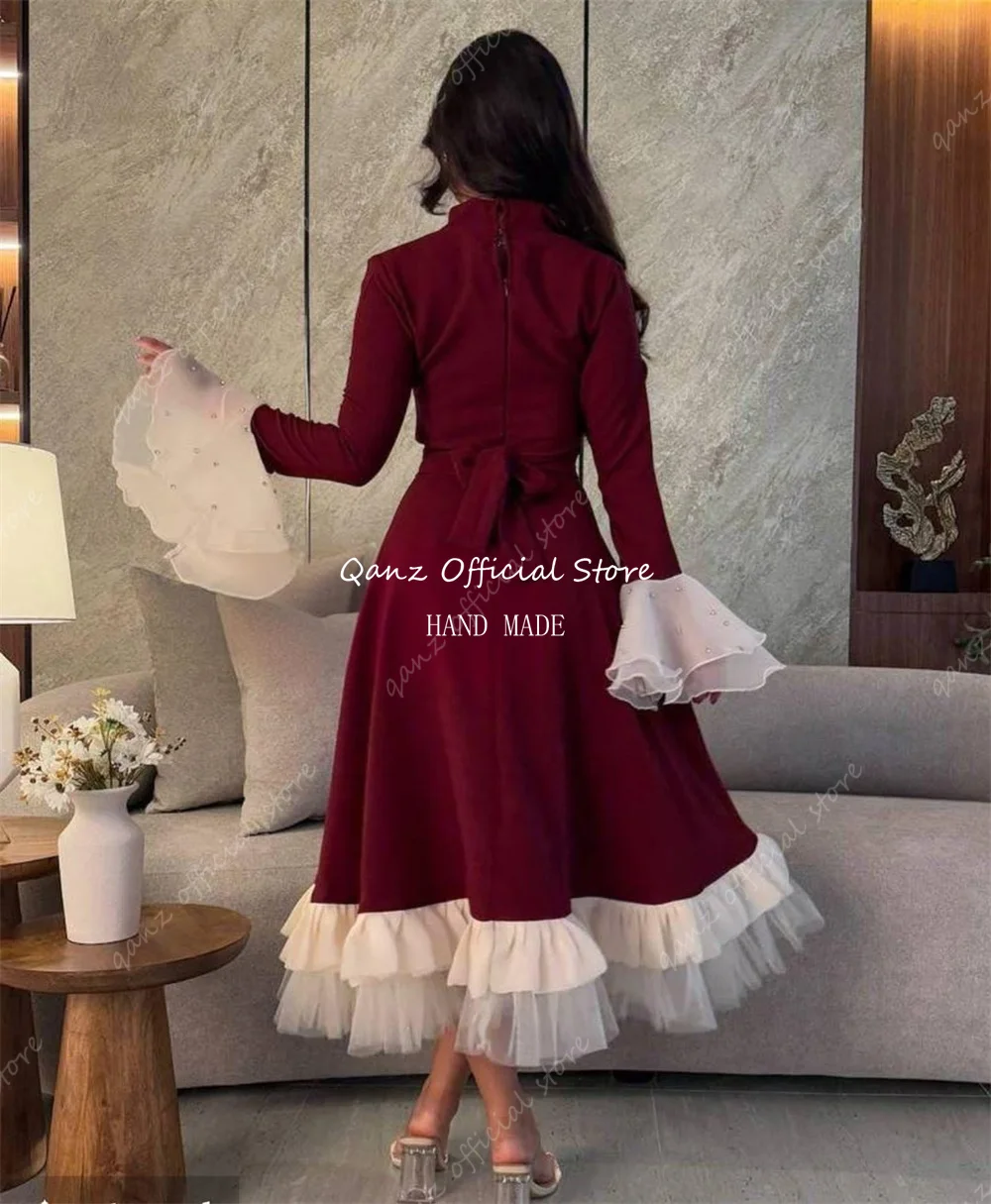 Qanz Dubai  Short Crepe Evening Dresses with Ruffles A-Line Long Sleeves Tea Length Wedding Guest Dress for Women Customized