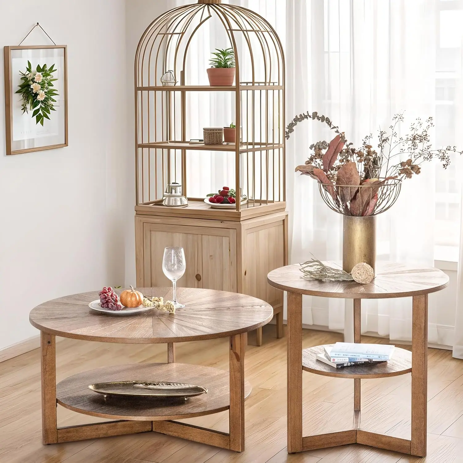 Wood Round Coffee Table for Living Room, 2 Tier Circle Coffee Table with Storage, Rustic Natural Coffee Table