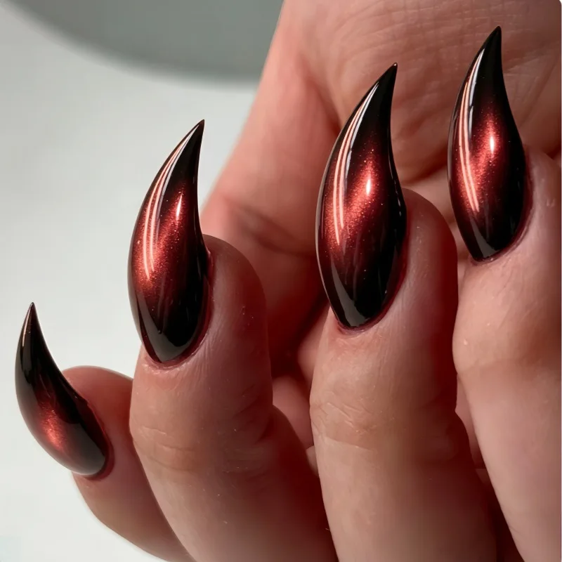 24Pcs Cat's Paw Stiletto Glitter Almond Fake Nail Full Cover Red Cat's Eye Nail Set Fashion Reusable Dragon Claw False Nail Tips