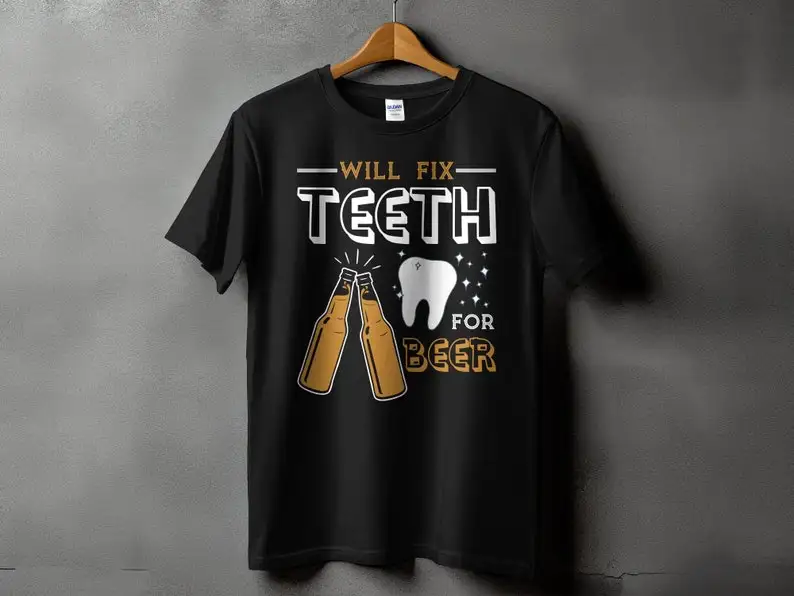 

Funny Dentist T-Shirt, Will Fix Teeth For Beer Shirt, Dental Humor Tee, Gift for Dentists, Cool Dentist Shirt, Beer Lover Dentis