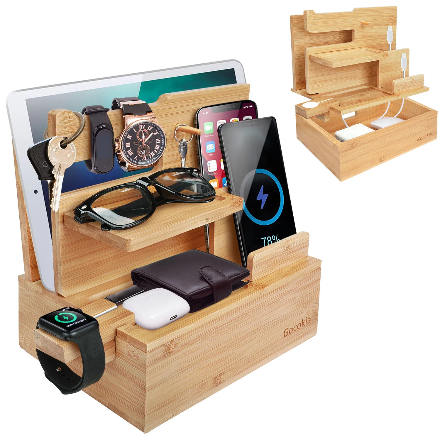 Bamboo Multiple Device Docking Station Phone Key Holder Laptop Tablet Watch Stand Desk Organizer Box Gift for Friend Birthday