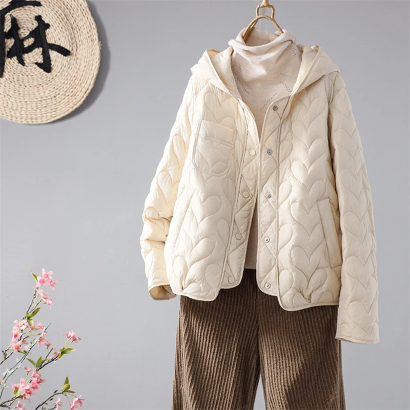 Schinteon Damen-Daunenjacke, leicht, 90 % weiße Ente, lässig, locker, Herbst-Winter-Outwear mit Kapuze, koreanischer Stil, Mantel, 2025, neu