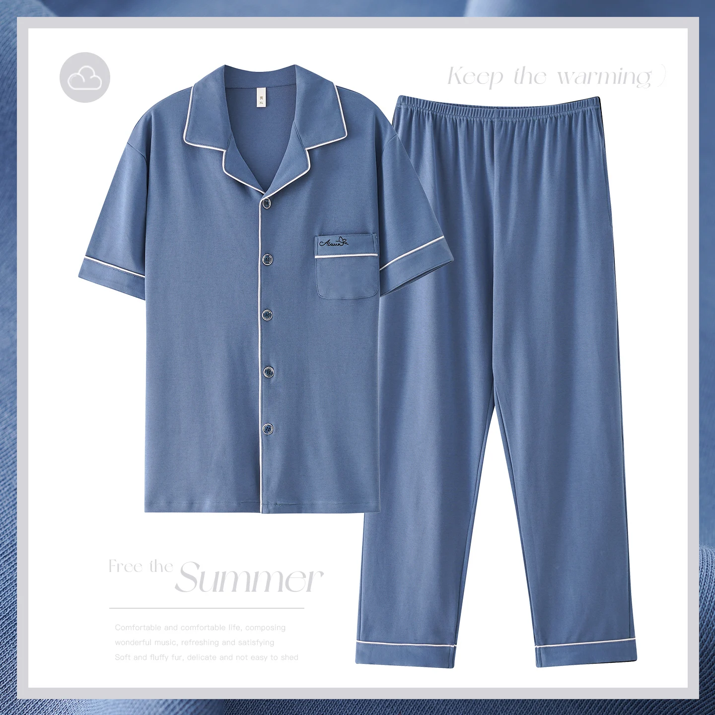 pijama hombre Men 100% Cotton Pajama Set Lapel Short Sleeve Top & Long Pants Soft Sleepwear Male Homewear Night Suit