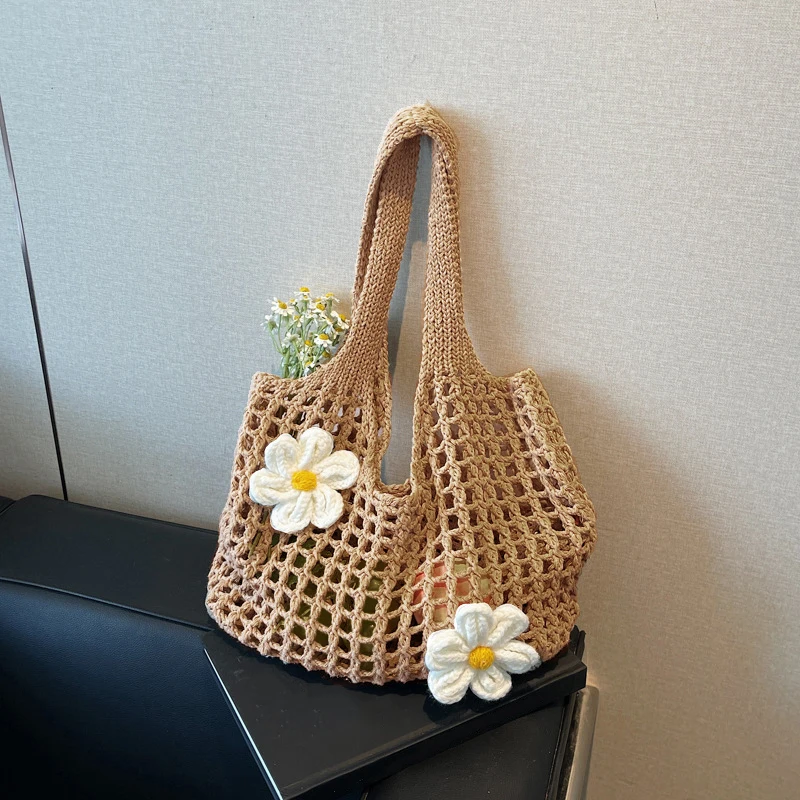 Einfarbige Häkel-Einkaufstasche für Damen mit großem Fassungsvermögen, gestricktes Hohldesign, modische Strand-Einkaufstasche für Reisen und Urlaub