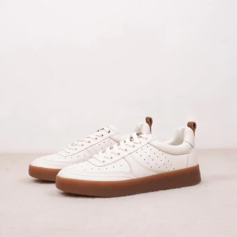 Women's Shoes High Quality Cow Leather Flat Sneaker Casual Shoes Comfortable Round-toe Lace-up White Sneakers Board Shoe