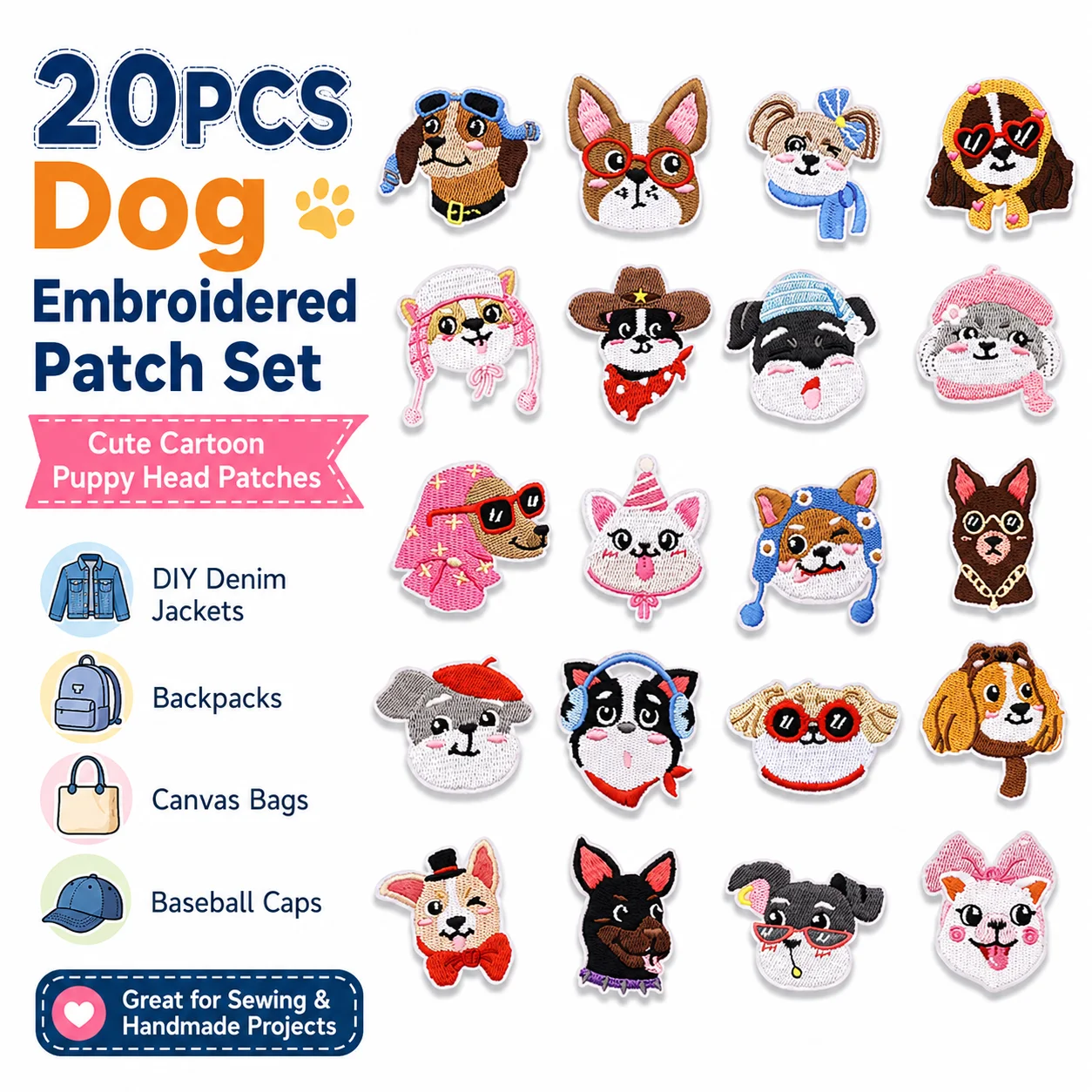 20Pcs Cute Cartoon Puppy Dog Embroidered Patch Set Iron On Sew On Animal Patches For DIY Denim Jacket Backpack Canvas Bag Hat Clothing Repair Decor Beginner Handmade Craft Supplies