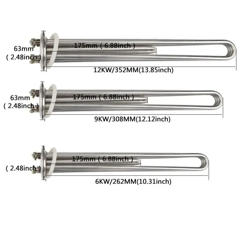 63mm Cap 380v 6000w Electric Water Heater Accessories Heating Element Tube Boiler Stainless Steel Parts