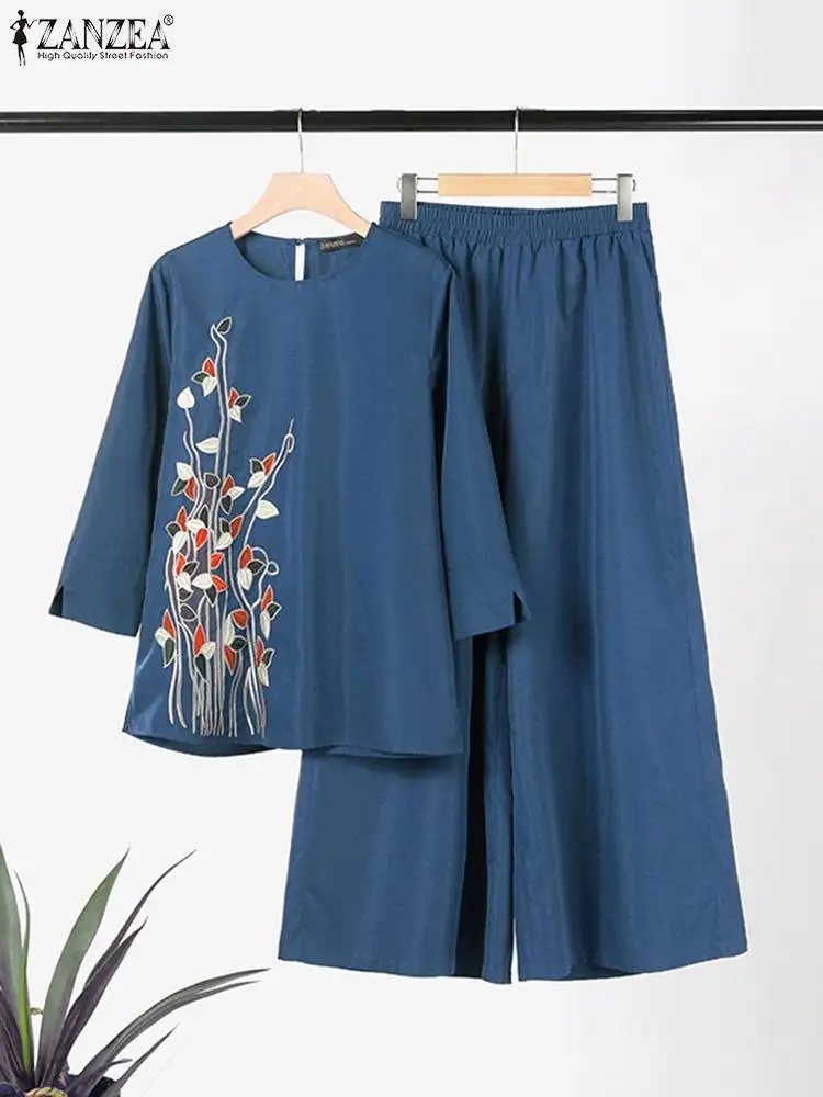 ZANZEA Elegant Floral Muslim Sets Women Autumn 2PCS Vintage Long Sleeve Blouse & Wide Leg Pants Casual Loose Work Matching Sets