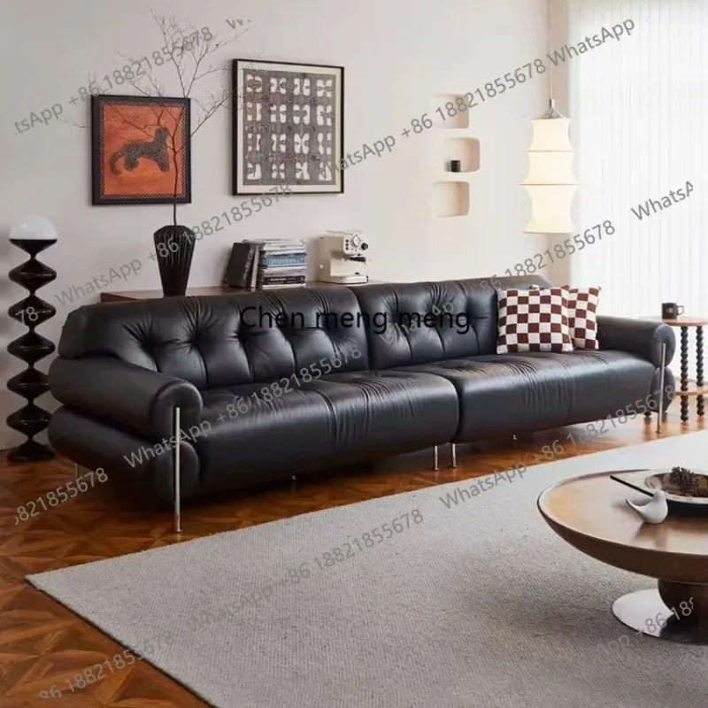 E136  Black leather sofa tall brown sugar cloud top layer cowhide straight row four-person sofa