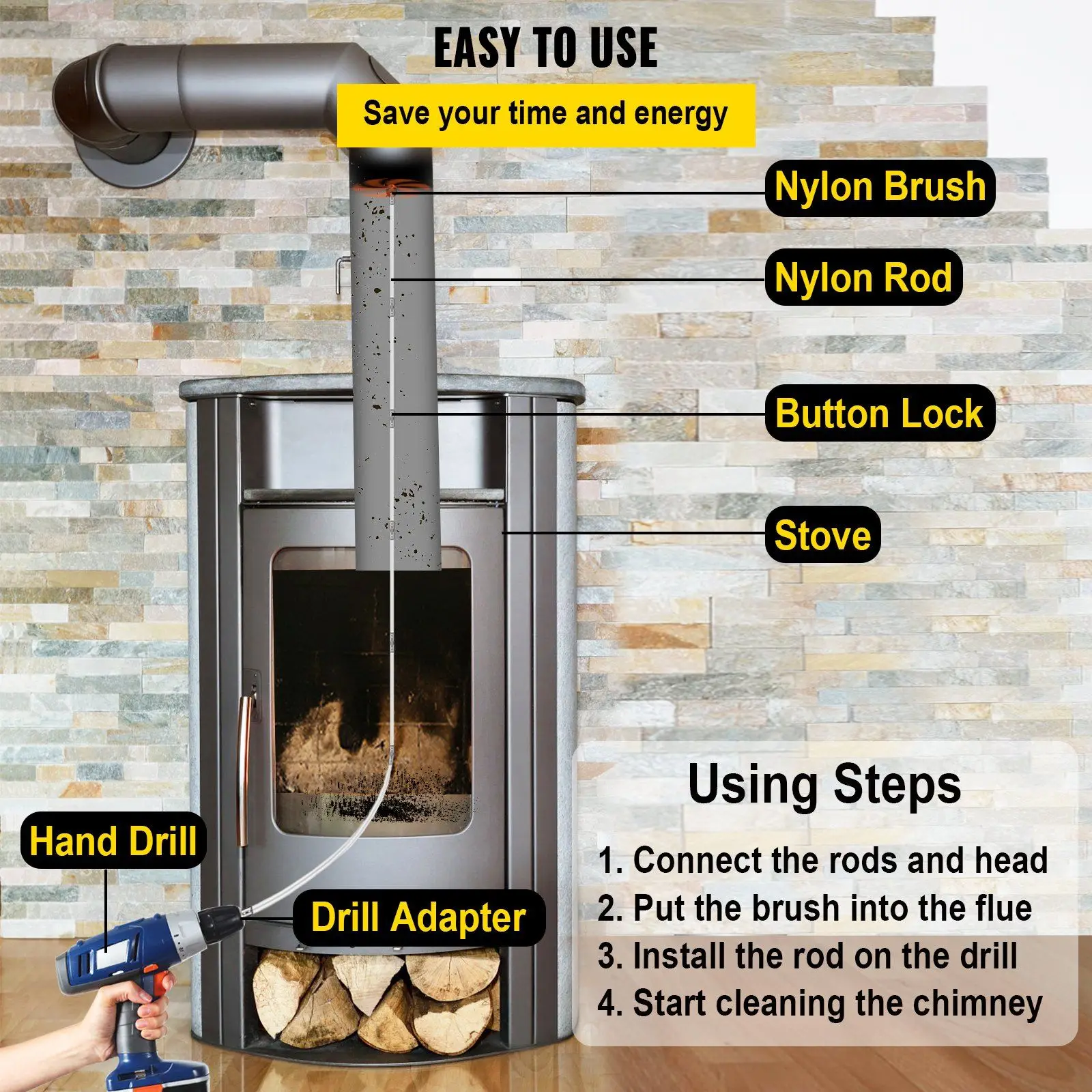 Kit de barrido de chimenea de 23 pies, 7 varillas flexibles de nailon, kits de herramientas de limpieza impulsado por taladro rotativo, piezas de chimenea de purga de chimenea