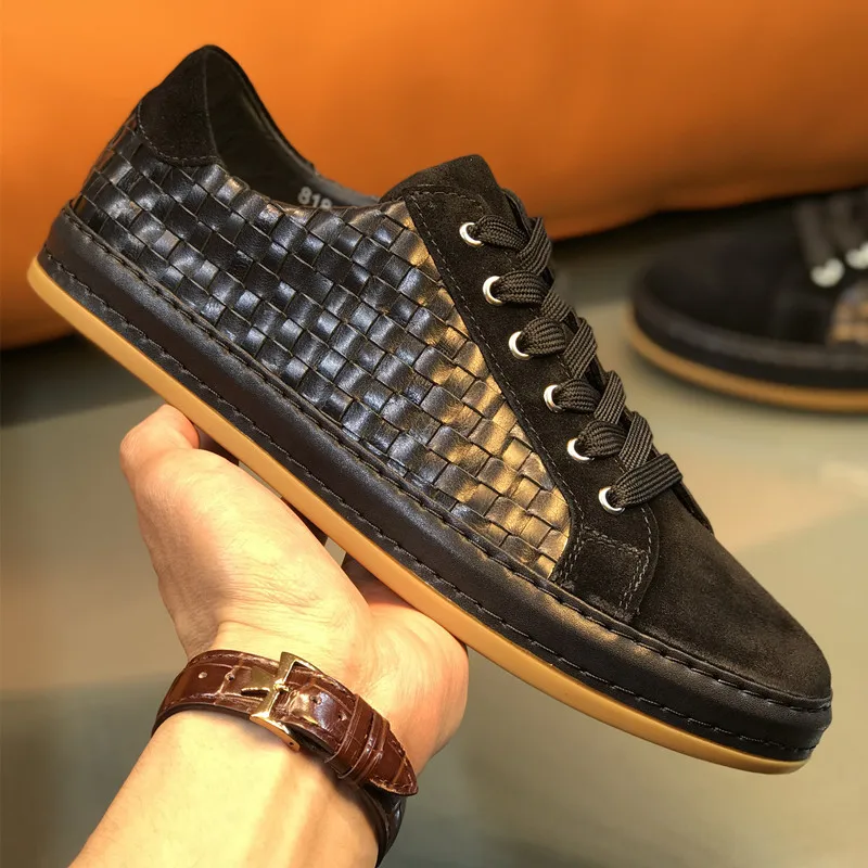 Black Woven Splicing Shoes Breathable Leather Lace-Up Casual Shoes Trendy Fashionable and Comfortable Sneakers for Men