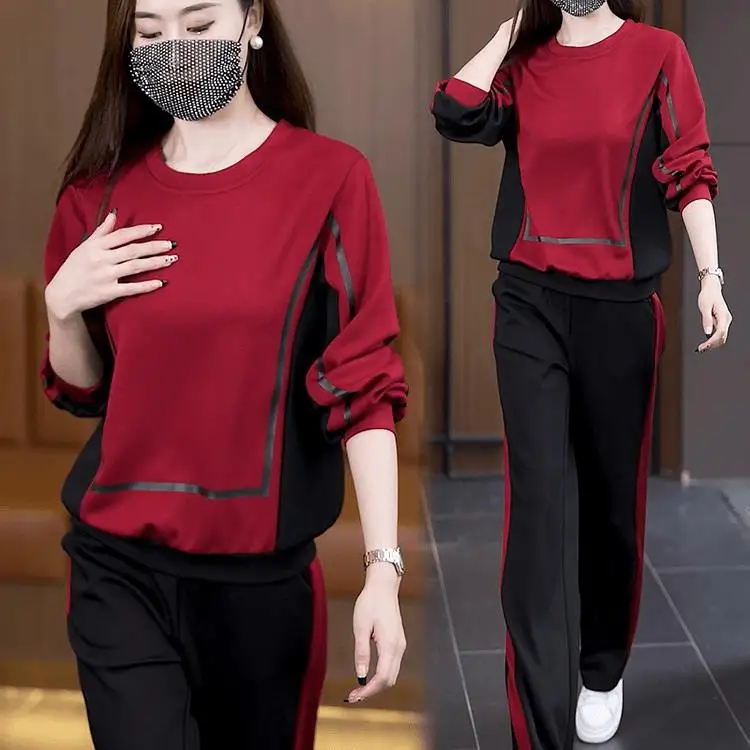 

Повседневный спортивный костюм для женщин: весенне-осенний новый стиль, антивозрастной, свободный крой, большие размеры, свитшот, комплект из двух предметов для мам, стройнящий силуэт