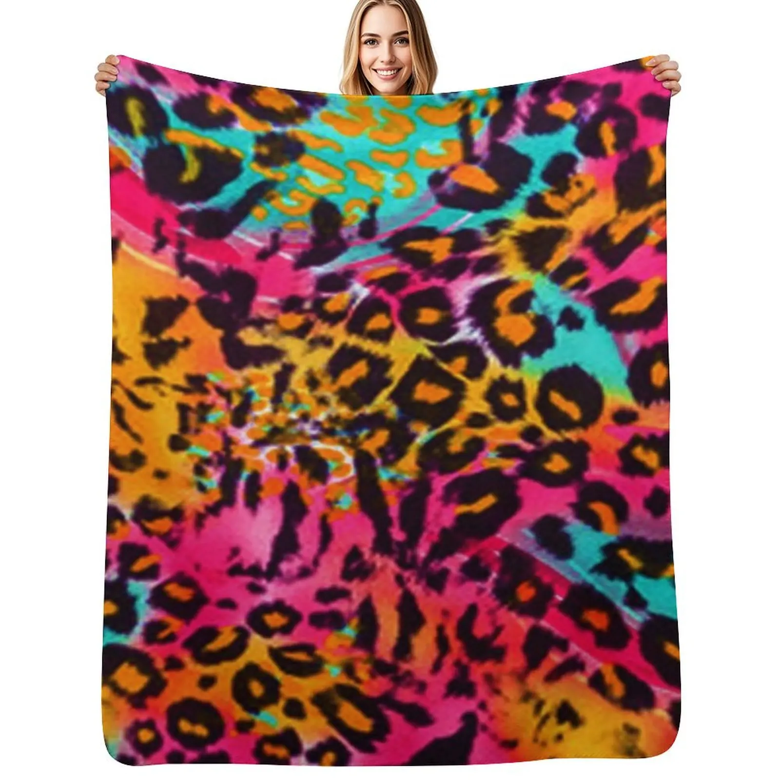 Leopard Animal Print in Rainbow Colour Throw Blanket Luxury Throw Hairy Decorative Beds Flannels Bed linens Blankets