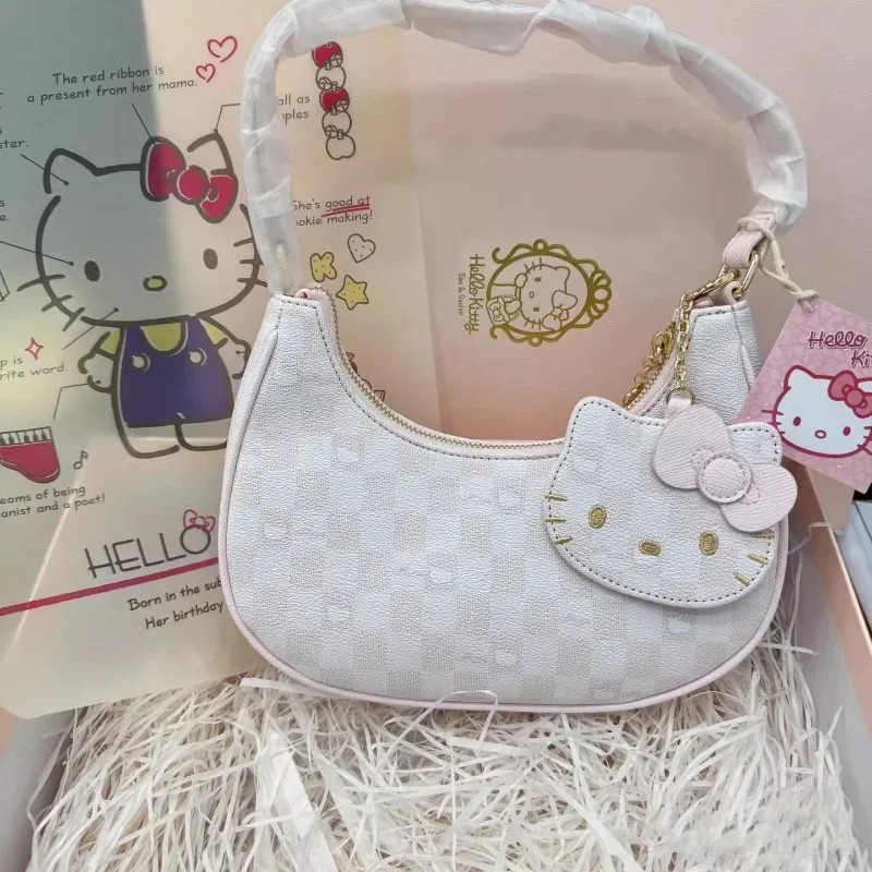 Sanrio Ladies Soft PU Leather Armpit Bag Hello Kitty Checkerboard Crescent Shoulder Bag Handbag Tote Bag Valentine‘s Day Gifts