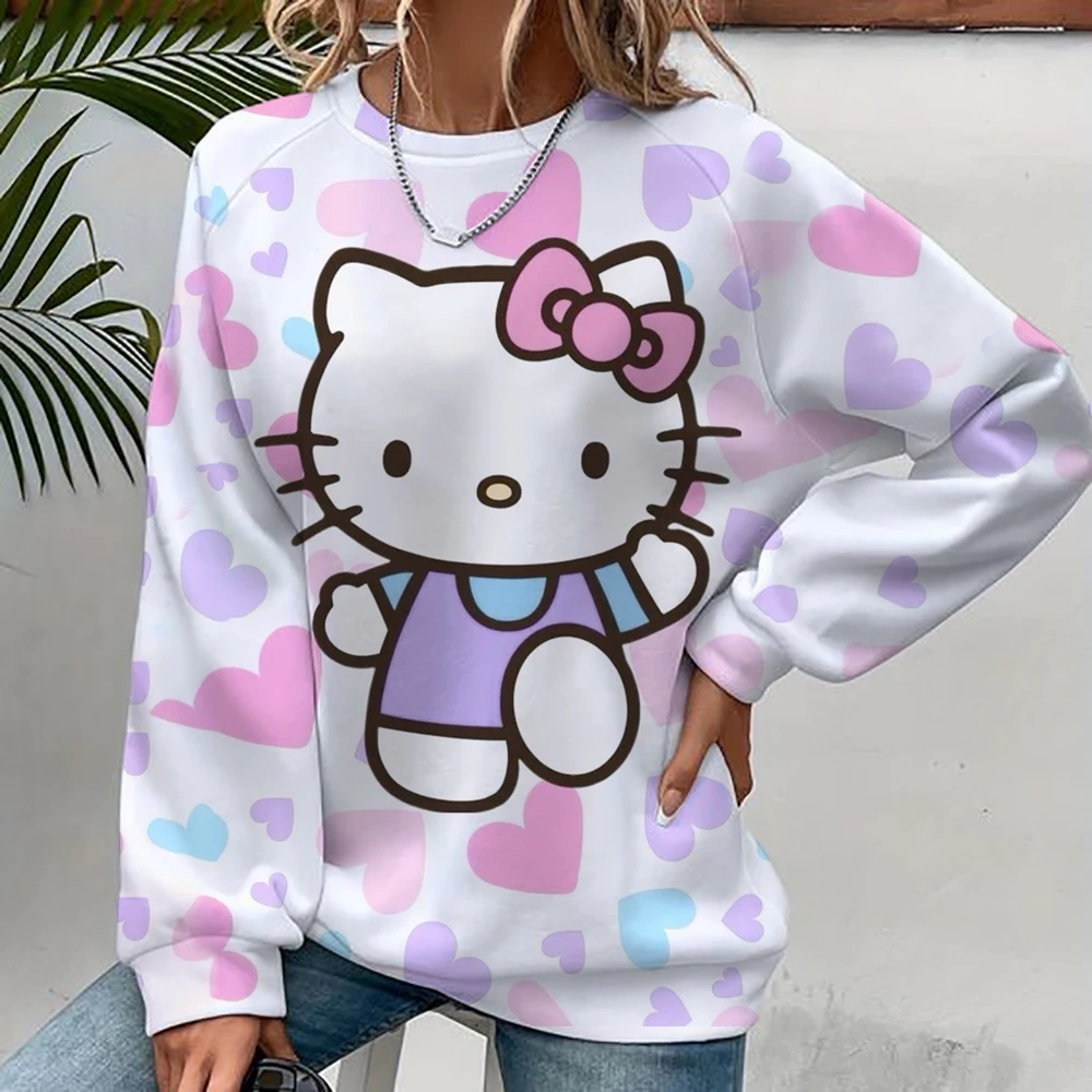 Hoodies Women Basic Hello Kitty Printed Loose Hoodie Sweatshirt Long Sleeve Kangaroo Pocket Drop Shoulder Pullovers Top