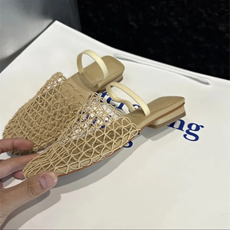 

Женские плетеные полые сандалии с рыболовной сеткой, женские летние новые стильные туфли на коротком каблуке, сандалии на низком каблуке с круглым носком, женские тапочки