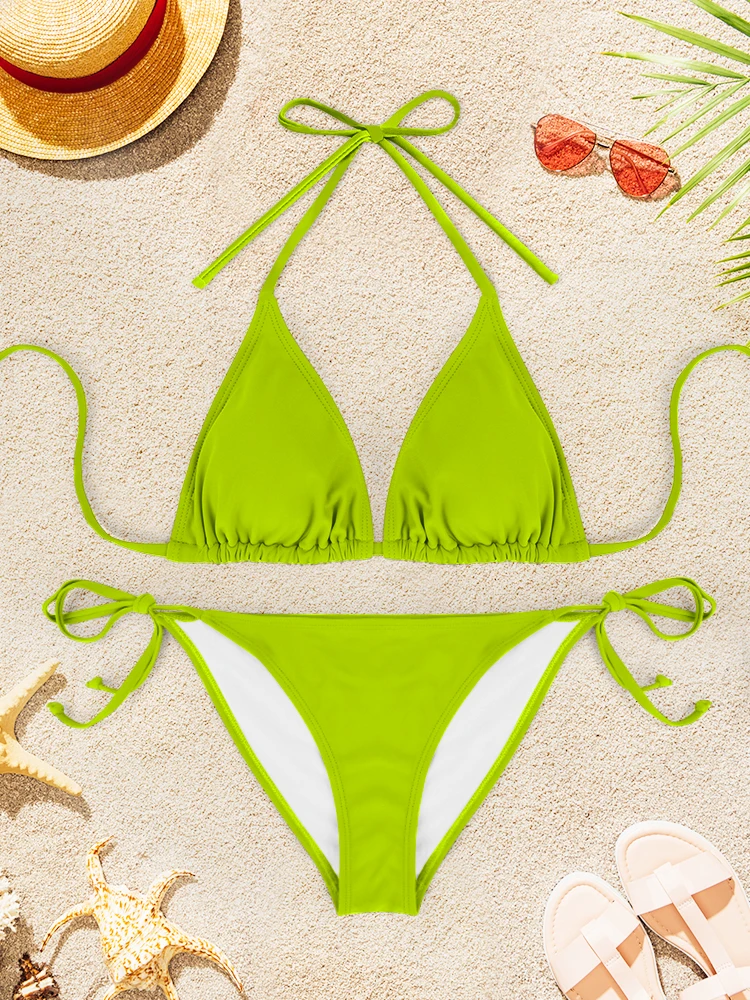 2 قطعة ملابس السباحة مثير عارية الذراعين بيكيني دعوى المرأة لون نقي الخامس الرقبة الحمالات ثوب السباحة 2025 العصرية الجديدة الصيف بحر #1