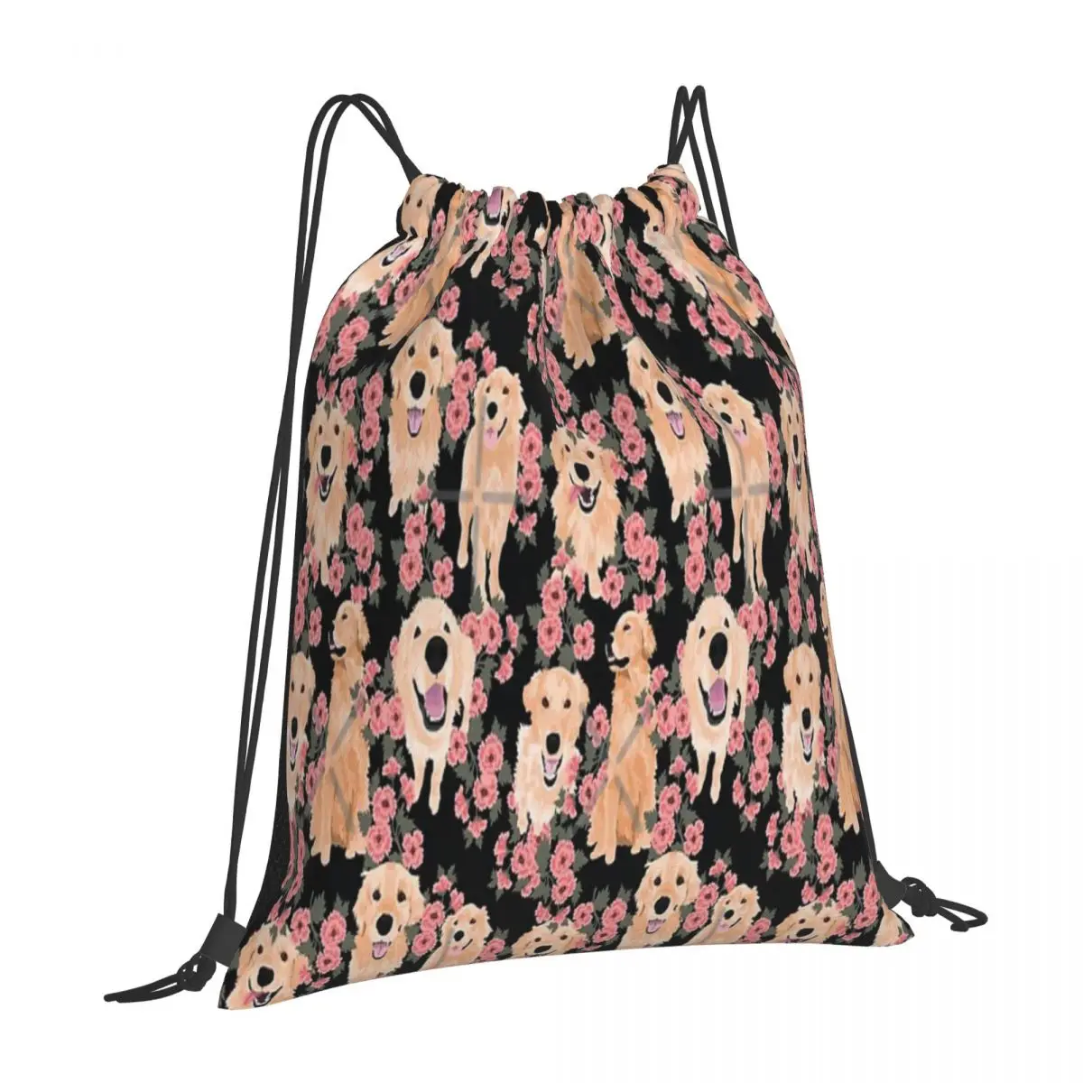 

Golden Retrievers And Flowers On Black Drawstring Bag Backpack school harajuku hiking kids drawstring bag