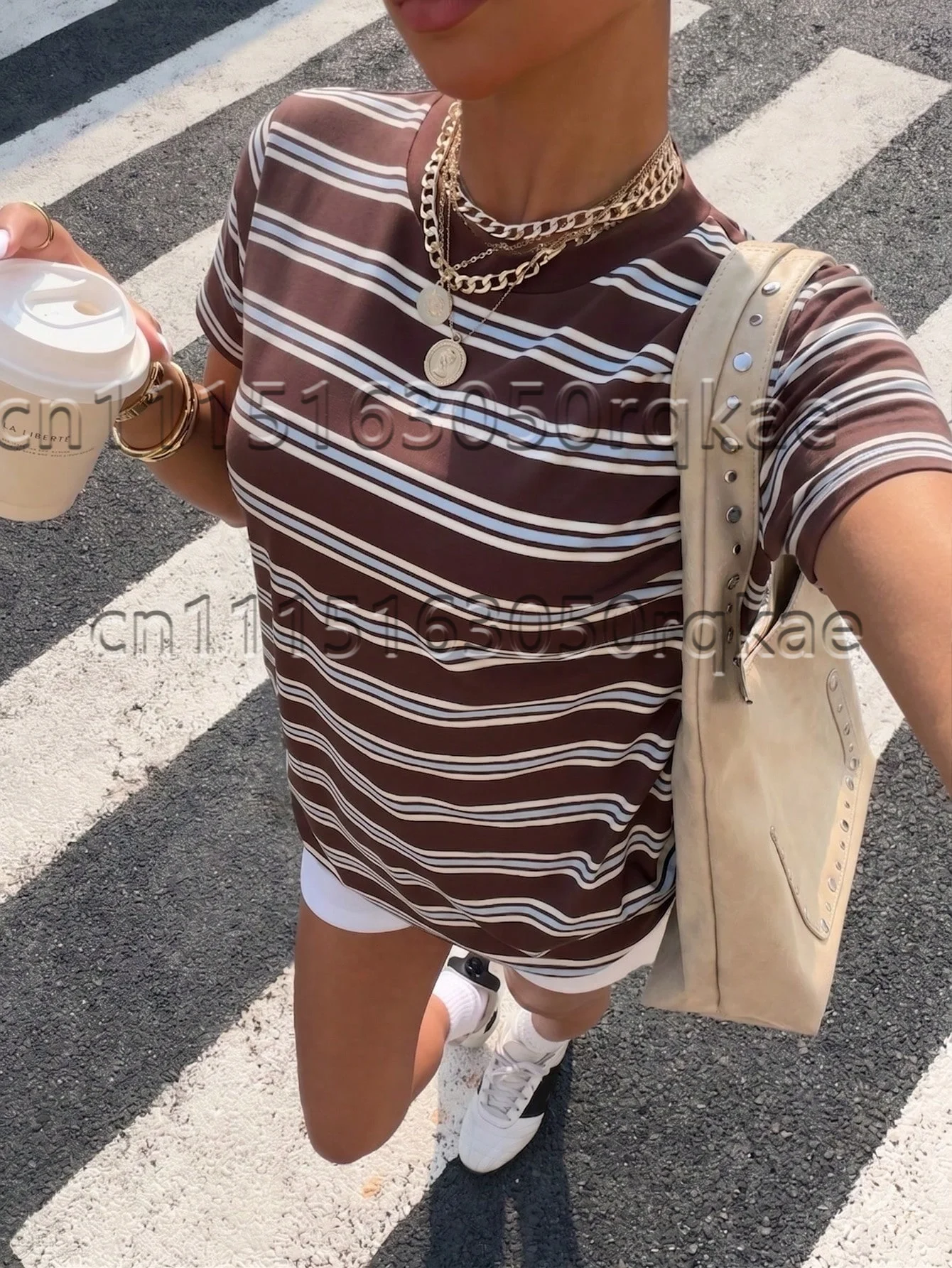 2026 Trendige Damen-T-Shirts mit Streifendesign und Musterdruck, Sommer-Streetwear, Minimalistisches Lässiges Kurzarm-T-Shirt für Damen – Detail 9