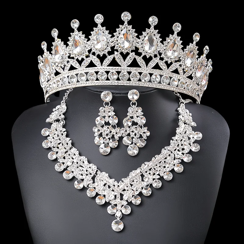 Luxury Crystal Tiaras And Crowns Rhinestone Diadem necklace Set For Women Prom Bridal Wedding Hair Accessories Jewelry Crown Set