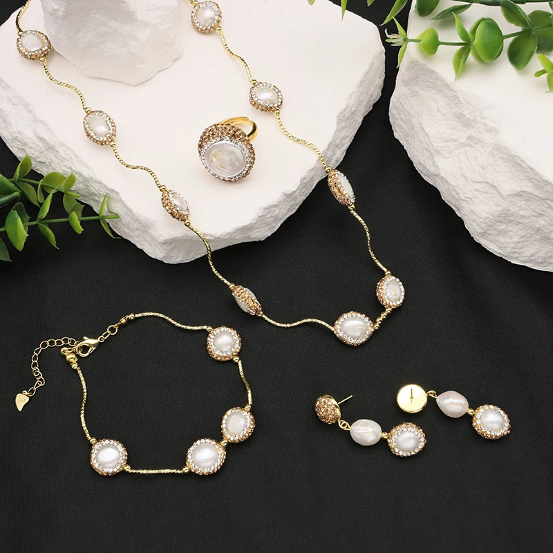 GLSEEVO Natural Baroque Shaped Pearl Women Jewelry Necklace Bracelet Earring Ring Set Rhinestone Inlaid Exquisite Jewelry