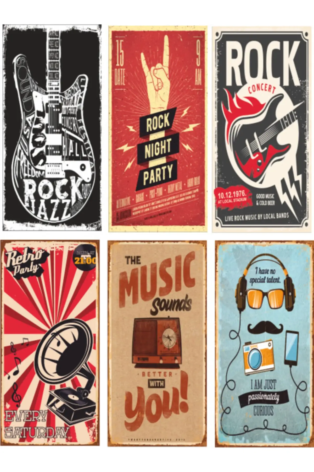 Music-Themed 6lı Retro Wood Poster Set Rock Jazz Concert Sounds Party