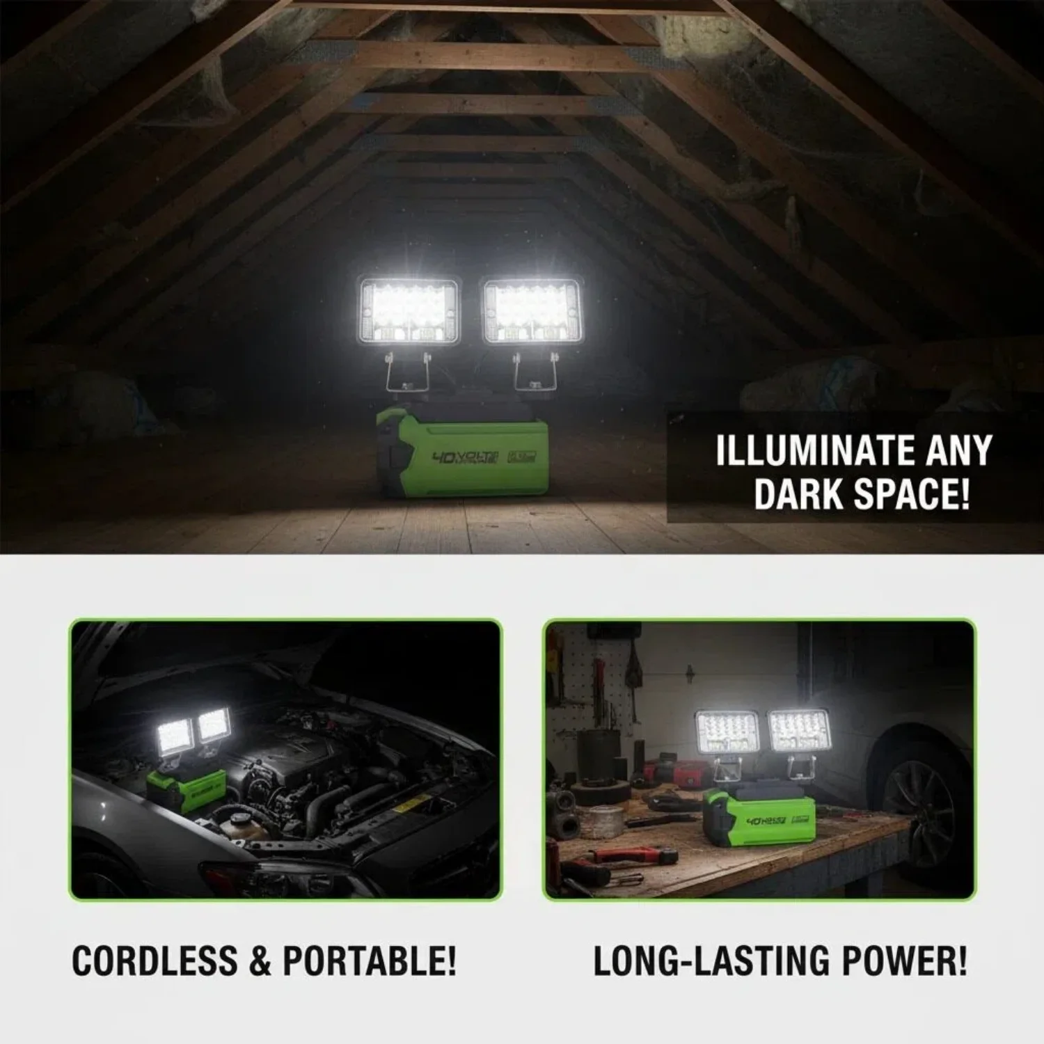 

Светодиодный рабочий фонарь для аккумулятора GREENWORKS 40V Li-ion, используемый для кемпинга на открытом воздухе, освещения при обслуживании рыболовного оборудования