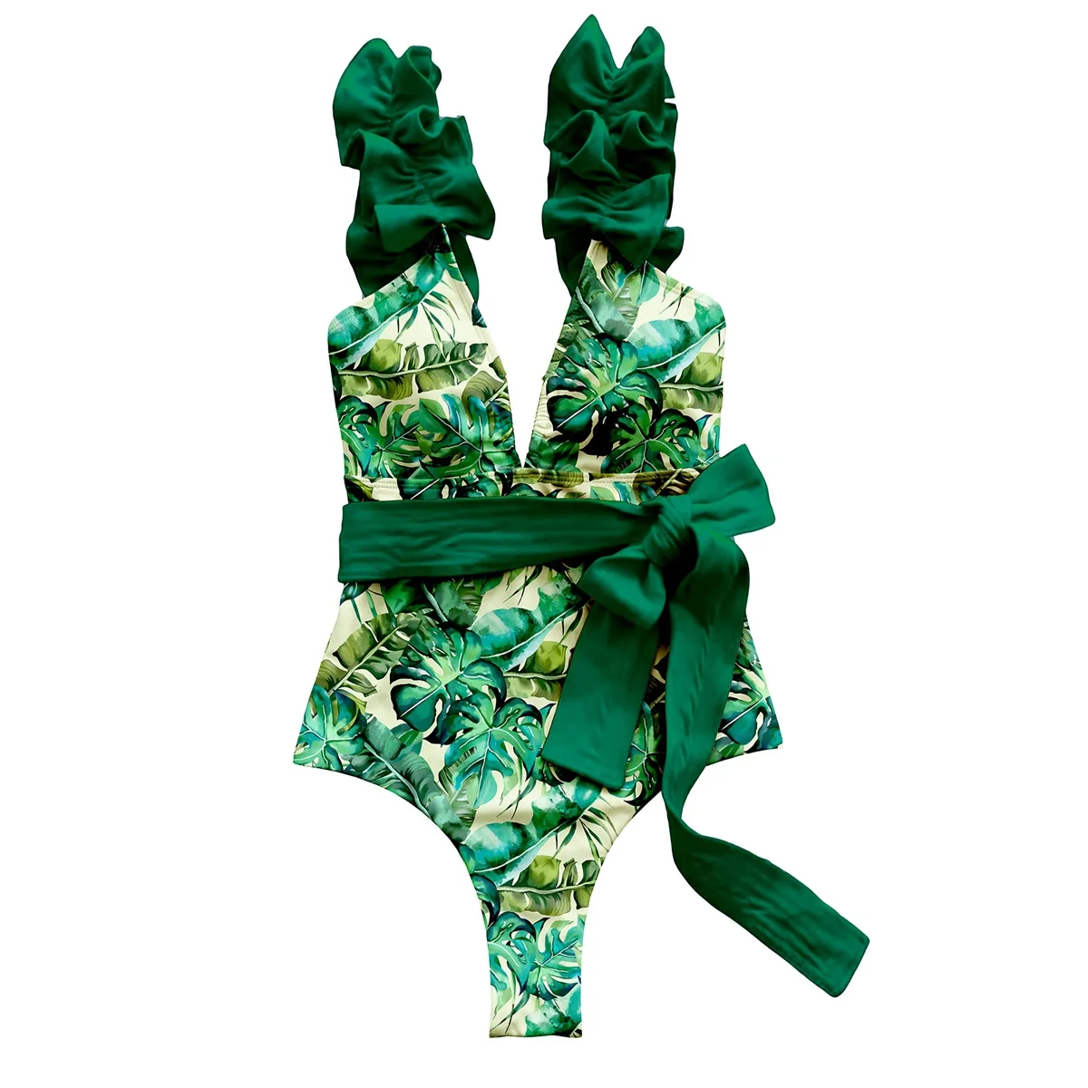 2025 nuevo traje de baño Sexy de una pieza con cuello en V, traje de baño con cinturón, Monokini con volantes para mujer, traje de baño Push Up, traje de baño colorido para playa femenina