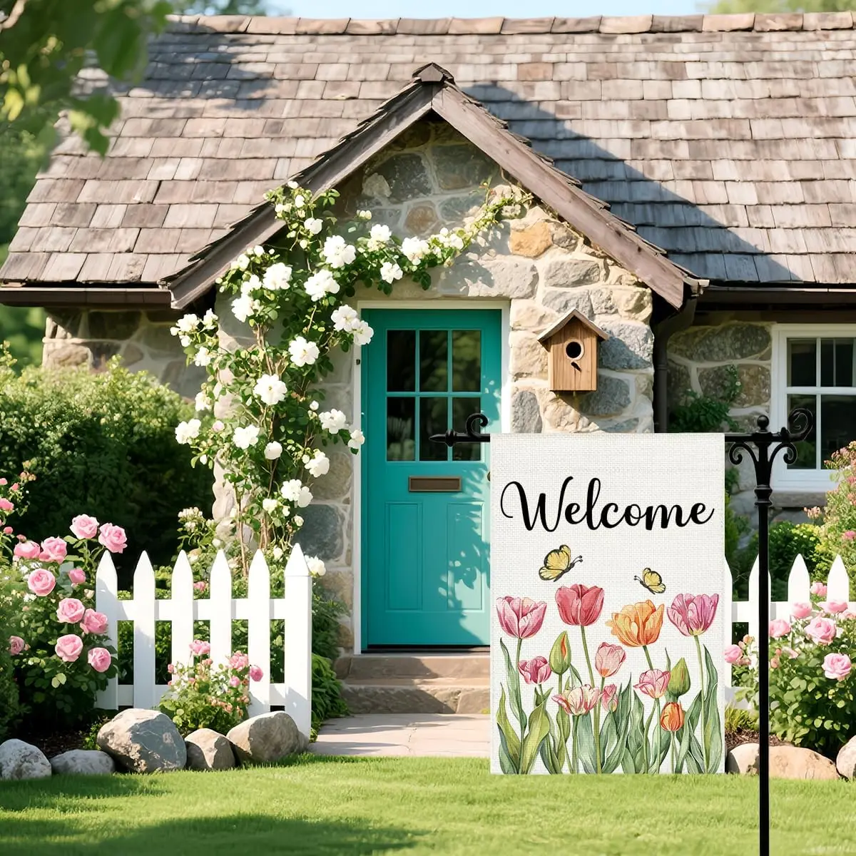 Welcome Floral Garden Flag Double Sided Yard Flags for Outdoor Decoration House Flag with Bright Flowers and Butterfly Print yyi