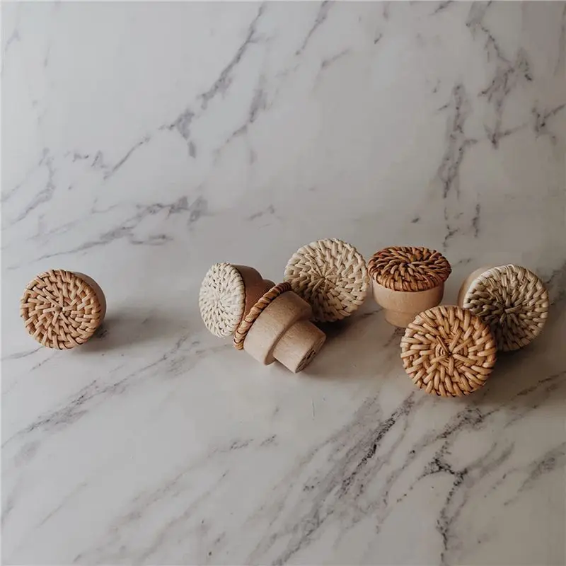 A84X-Boho Rattan Dresser Knobs Round Wooden Drawer Knobs Handmade Wicker Woven And Screws For Boho Furniture Knobs 72Pcs