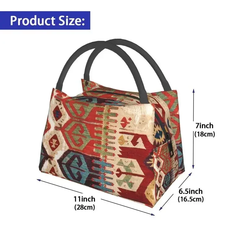 Aksaray Tribal Antique Turkish Kilim Print Insulated Lunch Bags for Women Leakproof Vintage Bohemian Ethnic Art Lunch Tote