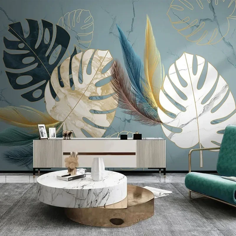 

Custom Photo Modern Blue Marble Pattern Light Luxury Feather Leaf Mural Wallpaper Living Room TV Background Wall Papel De Pared