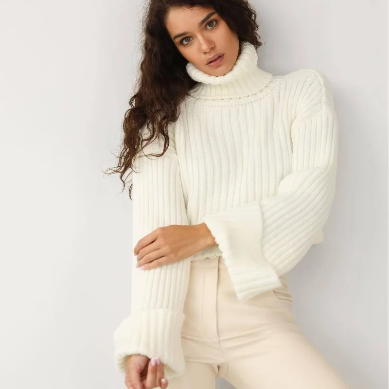 

Women Turtleneck Sweater Jacket Fall New Women Solid Color Stripe Short Flare Knitwear Spring Comfortable Streetwear