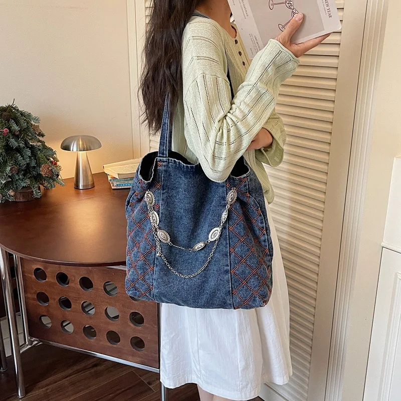 Vintage Thread Design Denim Shoulder Bags for Women Large Capacity Trendy Chain Ladies Tote Bag Simple Versatile Female Handbag