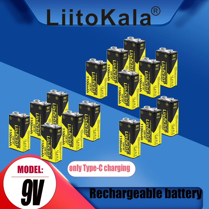 

16PCS LiitoKala 9V 1100mAh li-ion Rechargeable battery USB-9V lithium for Multimeter Microphone Toy Remote Control KTV use