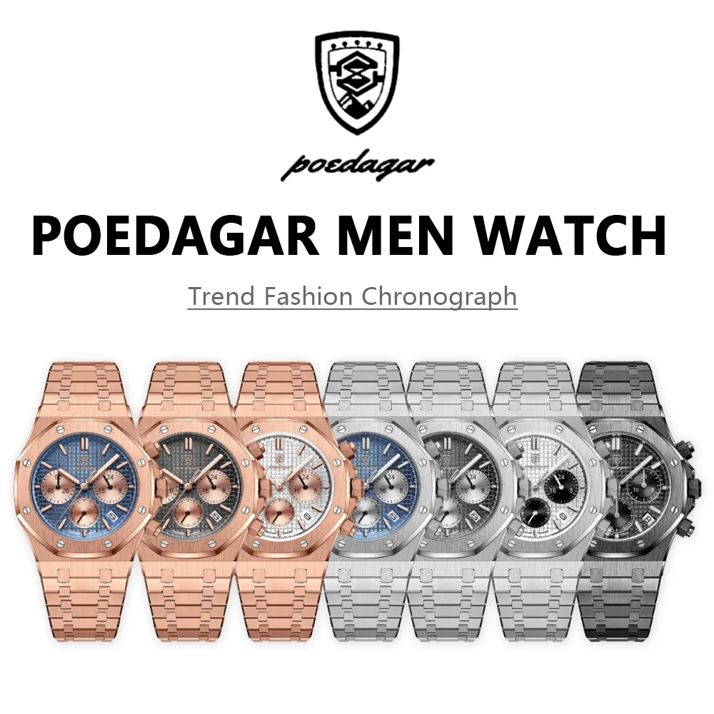 POEDAGAR Men\'s Watches Classic Fashion Three Dial Original Quartz Watch for Man Waterproof Luminous Date Chronograph Wristwatch